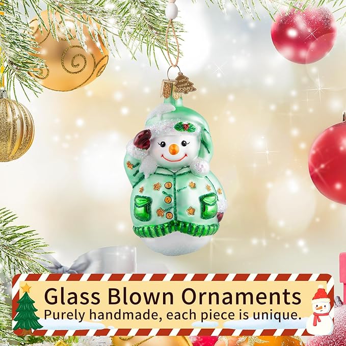 Snowman Christmas Ornaments,Glass Blown Ornaments for Christmas Tree,Green Snowman Collection Figurine Hanging Ornaments,Christmas Decorations for Xmas Tree Holiday Party Daily Gifts