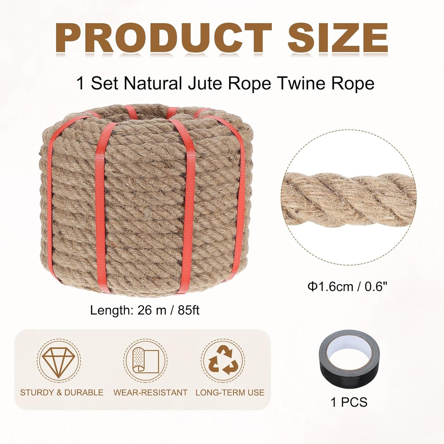 MECCANIXITY Jute Rope 0.6 Inch x 85ft, Thick Twine Rope Ropes Braided Jute Twine Natural Brown Burlap Cord String Heavy Twisted with Tape for Decorative Crafts Railing Swing Tug of War