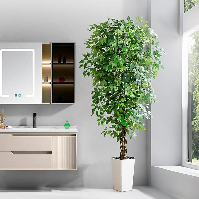 Artificial Ficus Tree 7FT Faux Plants Indoor Tall Fake Plants with White Tall Planter, Green Lifelike Lush Fake Ficus Tree for Home Living Room Bedroom Outdoor Balcony House Office Decor