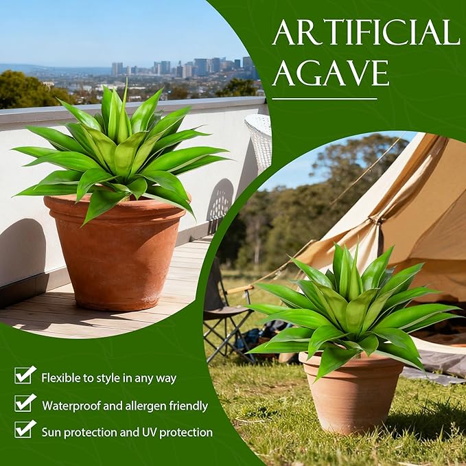 Artificial Agave Plant 25.6'' Fake Agave Plant Artificial Plants Outdoor Uv Resistant Artificial Fake Plants Suitable for Indoor Home Decor Outdoor Courtyard Balcony Terrace Decor 1Pcs (Green)