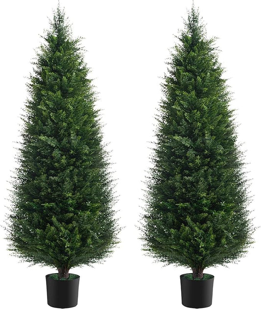 Two 6ft Artificial Plants Topairy Faux Cedar Trees for Outdoor Planters, 72IN Tall Fake Pine Bushes UV Resistant Large Potted Shrubs for Front Porch Décor