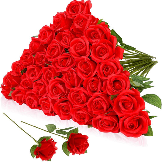 36 Pcs Silk Rose Bouquet Bridal Artificial Flowers,Fake Rose Long Stem Realistic Artificial Flowers Bulk for Wedding Bouquet Ball Arrangement Centerpiece Party Decor(red)