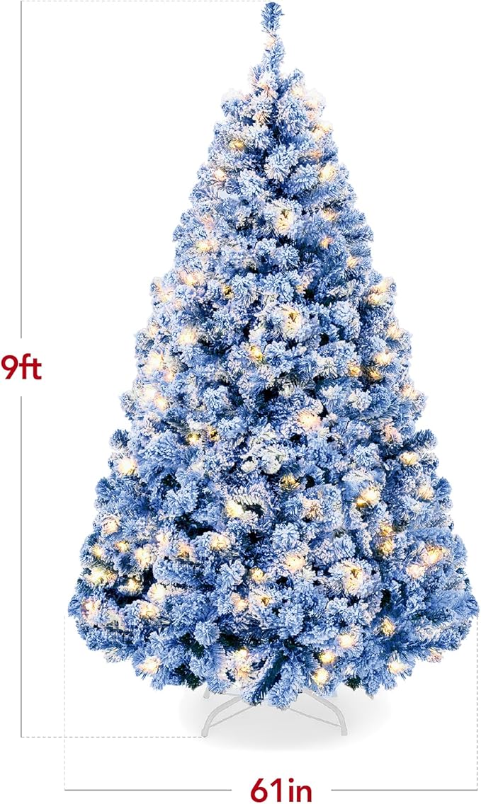 Best Choice Products Pre-Lit Blue Christmas Tree, 9ft Artificial Flocked Full Fir Tree, Holiday Decoration w/ 900 Lights, 2,094 Branch Tips