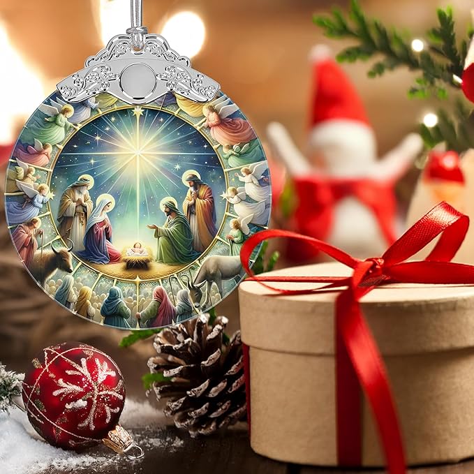 Nativity Christmas Ornament, 3" Stained Glass Christmas Decor, Nativity Ornaments for Christmas Tree, Christian Gifts for Kids, Religious Gifts for Women, Perfect for Holiday Party, Window, Tree