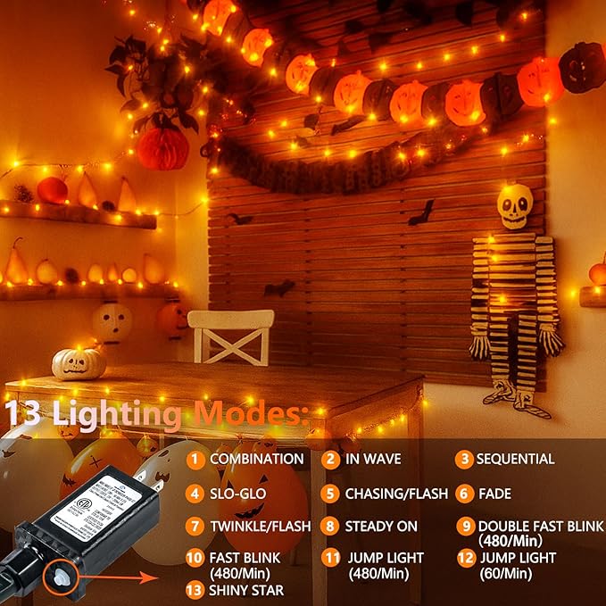 Upgraded Connectable 200 LED Christmas String Lights Outdoor Indoor, 66FT Orange Christmas Decorations Lights 13 Modes, Waterproof Twinkle Fairy Lights Plug in Clear Wire for Tree, Bedroom Decoration