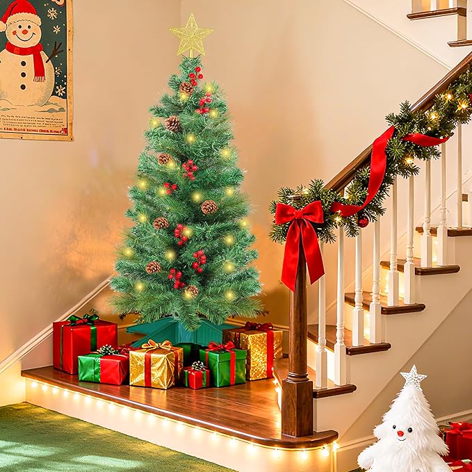 3 Ft Artificial Christmas Tree with Pine Needle Acorn Red Berries 8 Modes Timer 50 Warm White Lights Battery Operated Small Xmas Full Tree for Home Indoor Office Tabletop Holiday Decorations