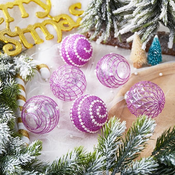 12CT Christmas Ball Ornaments Purple Shatterproof Clear Large Plastic Christmas Tree Decoration, Delicate Hanging Ornaments for Xmas Party, Wedding, Holiday and Home Décor(70mm/2.76")