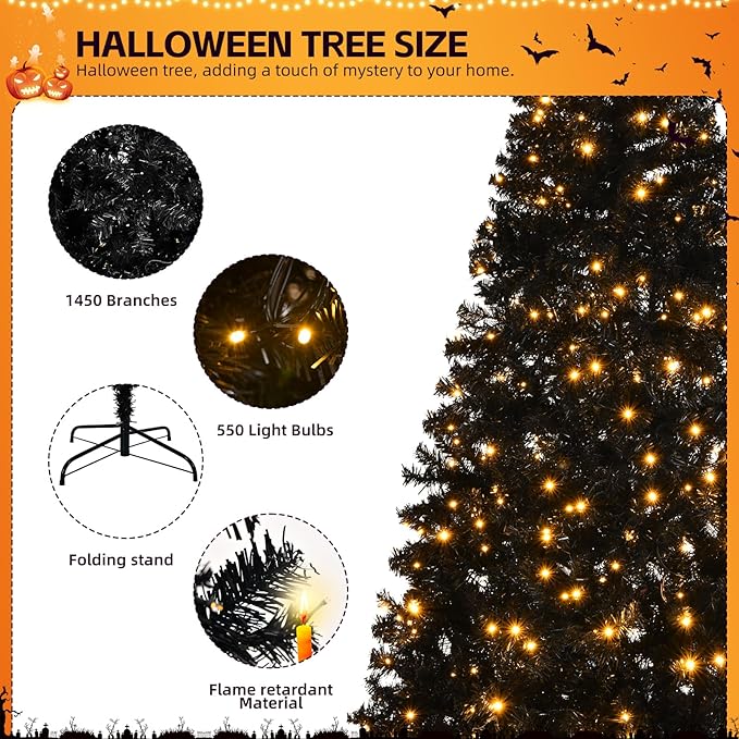 VINGLI 8ft Black Artificial Christmas Pine Tree with 550 Warm LED Lights, Pre-Lit Xmas Tree with 1450 Full Branch Tips, Sturdy Metal Stand, Large Holiday & Party Decorations, 8 Color Modes