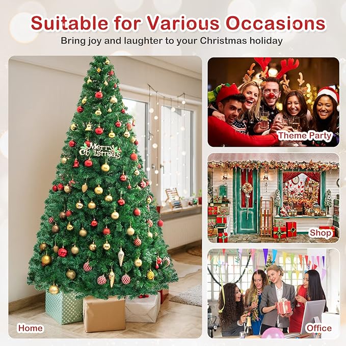 HAPPYGRILL 8FT Artificial Christmas Tree, Luxuriant Verdant Realistic Xmas Tree with 1138 PVC Branch Tips & Folding Metal Stand, Unlit Pine Tree for Festival Parties Decoration