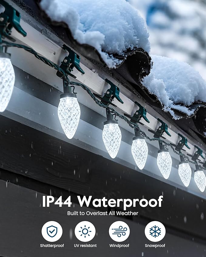 C9 LED Christmas Lights Outdoor with 100 Spring Clips, 81FT 100 LED C9 String Lights Waterproof Connectable for Outside Roofline Patio House Yard Windows Outdoor Christmas Decorations, Blue White