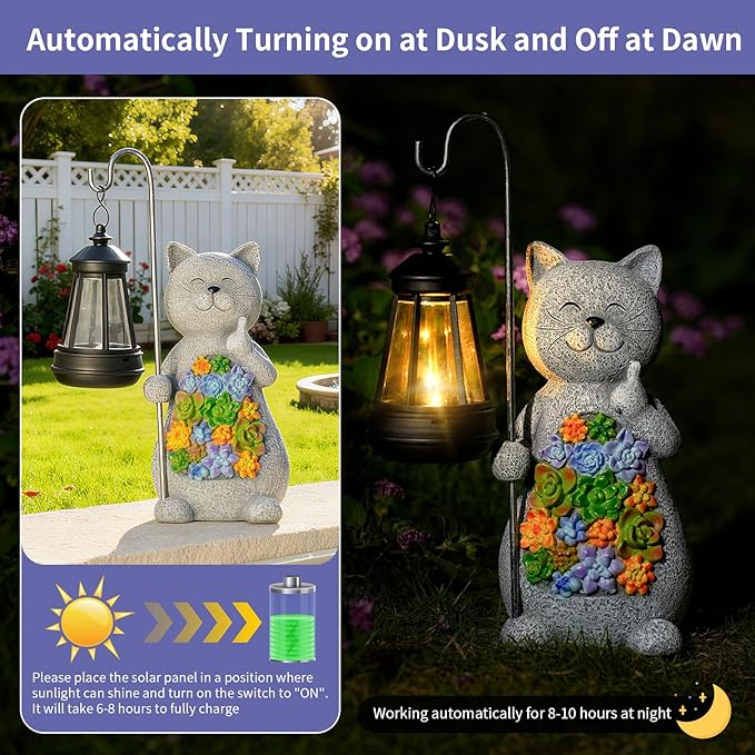 Solar Cat Garden Statue with Succulent Decor Hanging Lantern – Waterproof Resin Outdoor Figurine for Yard, Patio, Balcony – Gift for Cat Lovers, Gardeners