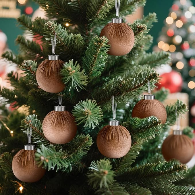 9 Pcs Christmas Tree Ornaments Set, 80mm/3.15in Large Velvet Christmas Balls for Xmas Tree Decorations Shatterproof Hanging Flocked Balls Ornaments Brown