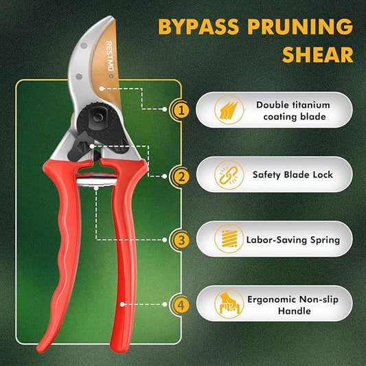 RESTMO 8.6" Professional Pruning Shears, Premium Titanium SKS5 Steel Blade, Forged Aluminum Handles for Durability & Long-Lasting Sharpness, Bypass Pruners for Gardening, Clippers & Scissor Tool