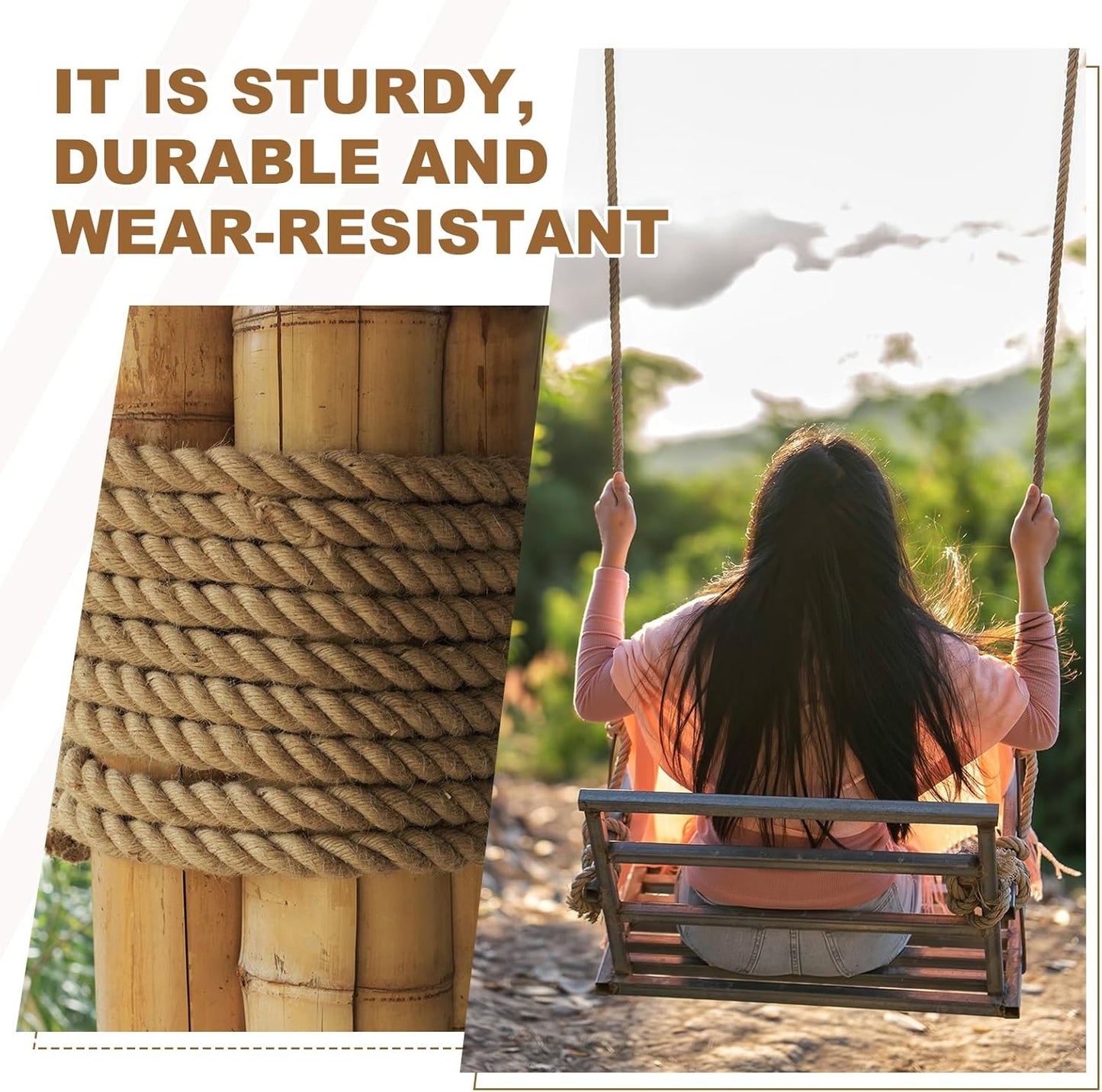 MECCANIXITY Jute Rope 1.1 Inch x 75ft, Thick Twine Rope Ropes Braided Jute Twine Natural Brown Burlap Cord String Heavy Twisted with Tapes for Decorative Crafts Railing Swing Tug of War