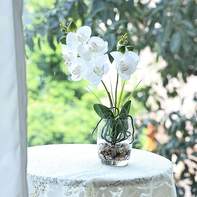 Jusdreen White Orchid Centerpiece in Glass Vase, 14.5 Inch Artificial Phalaenopsis with Potting for Home Office Decor, Table Centerpiece