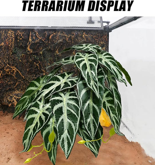 Woyrise Reptile Plants for Terrarium Decor, Ball Python Tank Accessories fit Bearded Dragon Crested Leopard Gecko Lizard Chameleon Snake Frog Tortoise Hermit Crab - Fake Alocasia Black Velvet