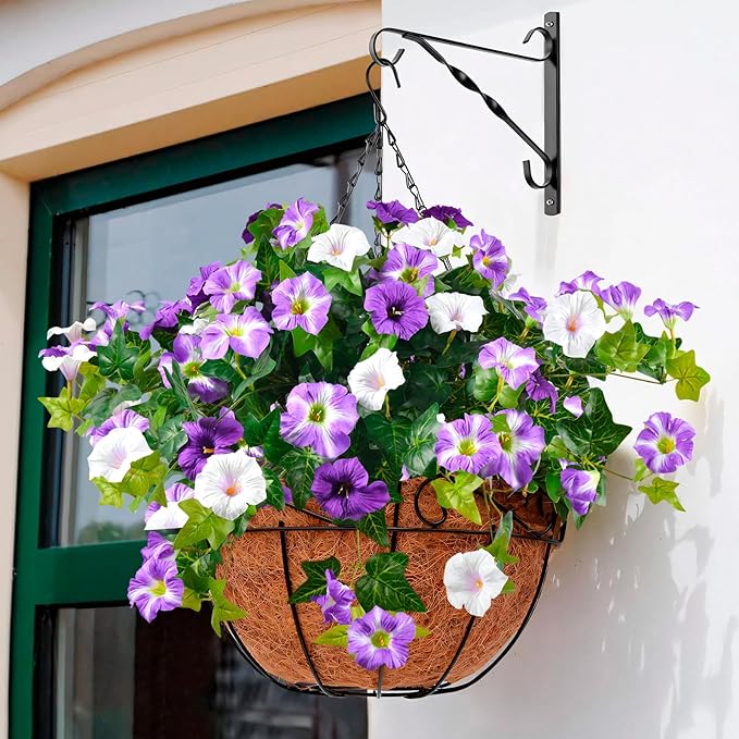 Artificial Flowers for Outdoors 2 Pack UV Resistant Petunias with Real Touch Plastic Leaves, Faux Flowers for Outdoor Planters, Silk Flowers for Outside Garden Porch Window Patio Home Decor, Purple