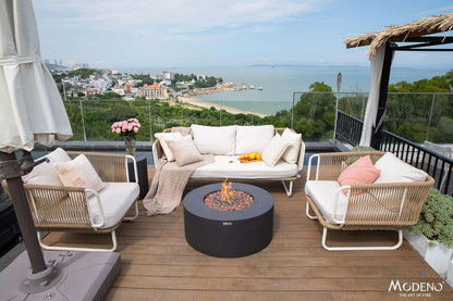 AMS Fireplace | Modeno Venice Package | Black Liquid Propane Gas Fire Pit Table for Outdoor Patio Bundle with Tank Cover, Wind Guard, and SS Burner Lid | Free Rubber Mat & Ice Bucket