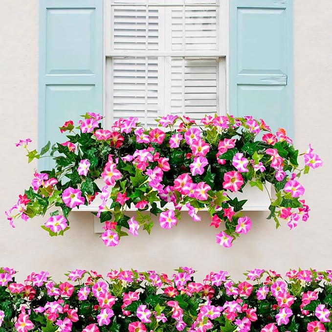 Artificial Flowers for Outdoors 2 Pack UV Resistant Petunias with Real Touch Plastic Leaves, Faux Flowers for Outdoor Planters, Silk Flowers for Outside Garden Porch Window Patio Home Decor, Fuchsia
