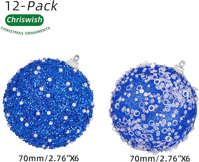 Royal Blue Christmas Ball Ornaments, Christmas Ball Decorations Shatterproof Plastic Hanging Pearl Balls for Holiday Party(70mm/2.76", 12ct)