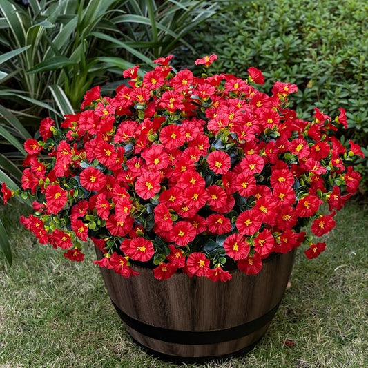 Artificial Faux Flowers for Outdoor 16 Bundles Boxwood Fake Morning Glory for Planter,UV Resistant Fake Flowers for Home Porch Patio Outside（Red）
