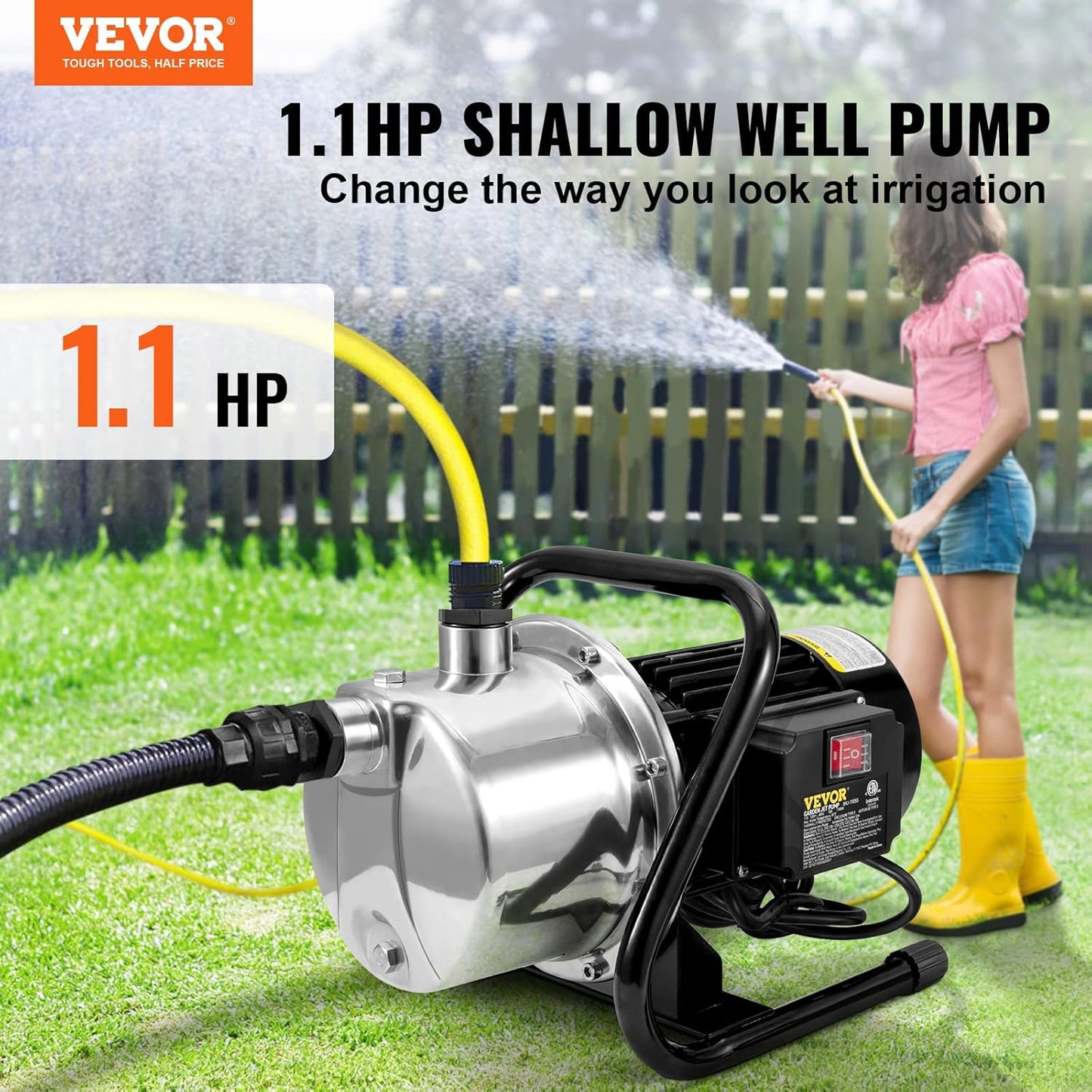 VEVOR 1.1 HP Portable Shallow Well Pump, 978 GPH Garden Jet Pump, 115V, 131 ft Height, Stainless Steel Sprinkler Booster Pumps for Garden Lawn Irrigation system, Lake Fountain, Water Transfer
