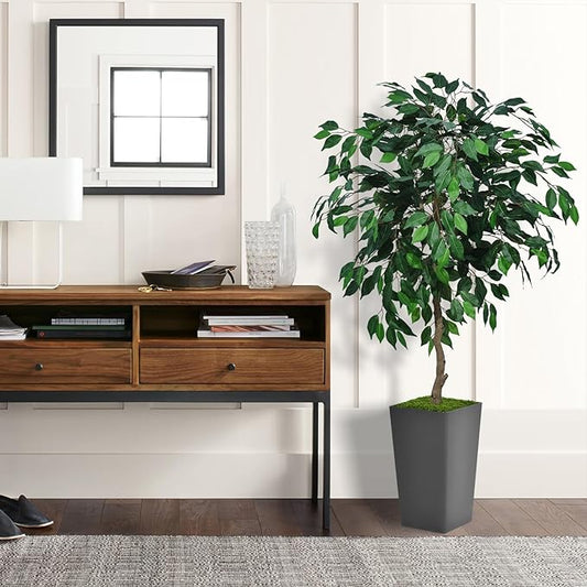 Artificial Ficus Tree 5FT - Faux Indoor Tree with Gray Tall Planter - Fake Ficus Floor Plant Potted - Artificial Silk Tree for Home Office Living Room Decor Indoor