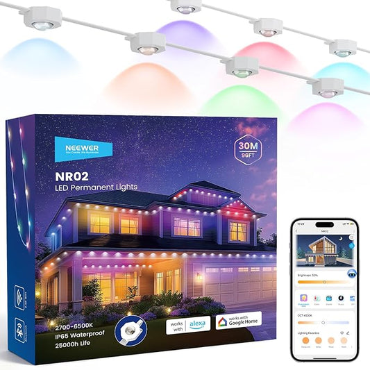 NEEWER 96ft Permanent Outdoor Lights for House Decor, Smart AI RGBCW Outside Eaves String Christmas Lighting with 60 LED Lights App Control 53 Scenes IP67 Waterproof, Compatible with Alexa, NR02