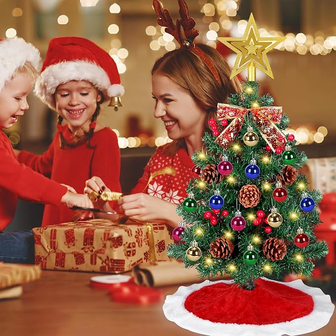 24 Inch Small Tabletop Christmas Tree with Tree Skirt, Christmas Pine Tree with 50 LED Lights, Star Treetop and Ornaments, Artificial Mini Christmas Tree Home Table Christmas Decorations