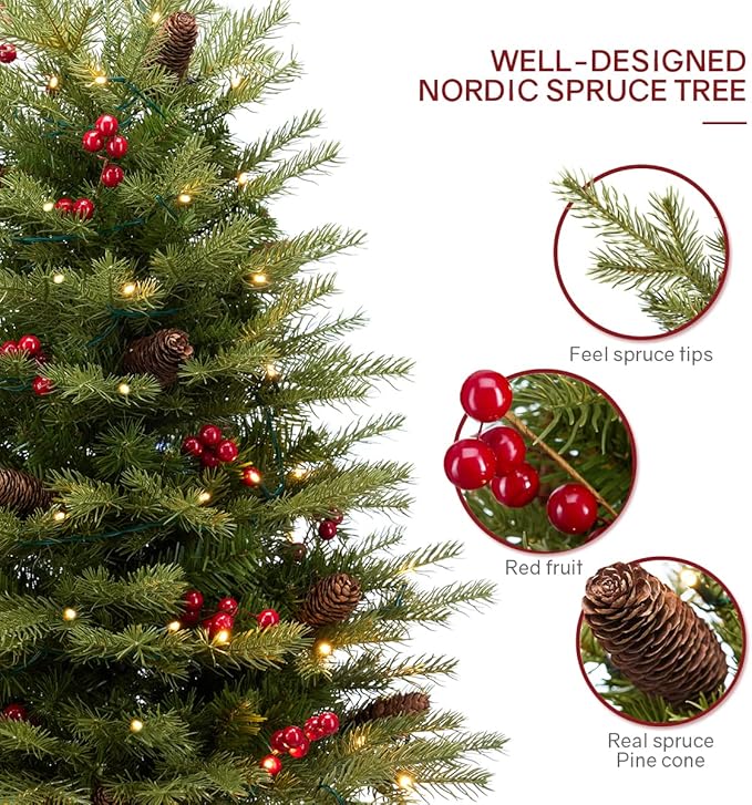 Somikis 3ft Pre-Lit Artificial Mini Christmas Tree with 70LED Lights and Realistic Nordic Spruce, Solid Cement Burlap Base Basin