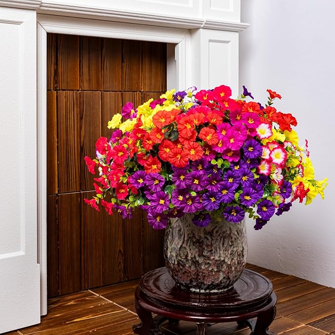 Artificial Faux Flowers for Outdoor 16 Bundles Boxwood Fake Morning Glory for Planter,UV Resistant Fake Flowers for Home Porch Patio Outside（8 Color）