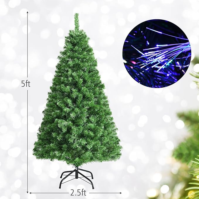 HAPPYGRILL 5FT Pre-lit Fiber Optic Christmas Tree with 449 Branch Tips, New PVC Leaves, Life-Like Artificial Xmas Tree with Folding Metal Stand