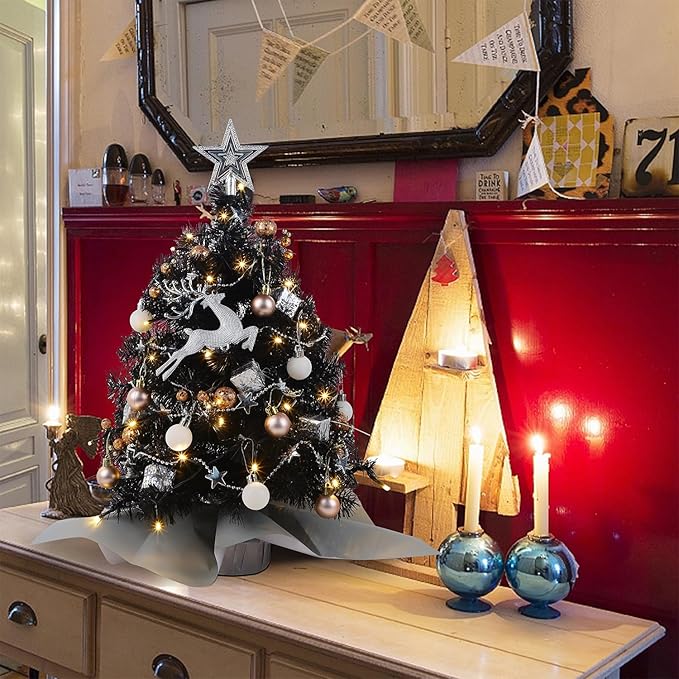 Juegoal Black Mini Christmas Tree, 24 Inch/2 FT Lighted Tabletop Artificial Xmas Pine Tree, Halloween Small Tree Light Up Battery Operated & Timer with 50 LED Lights, for Holiday Home Party Decor