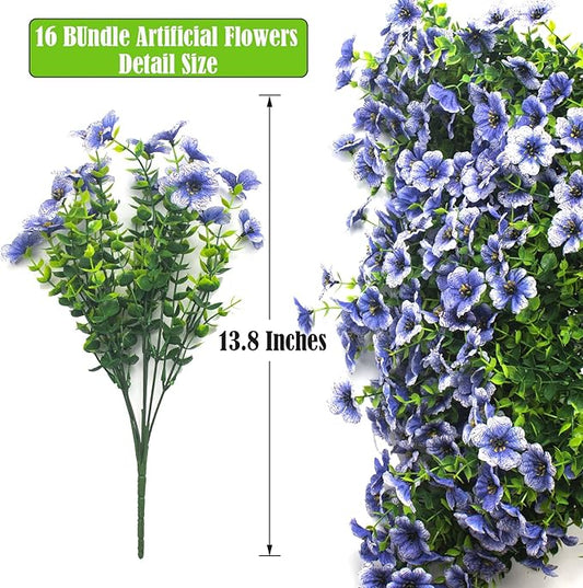 Artificial Fake Flowers for Outdoor Spring Decoration, 16 Bundles Faux Silk Colorful Daisy UV Resistant Realistic for Outside Porch Patio Home Yard Garden Planters Pots Window Box (Blue)