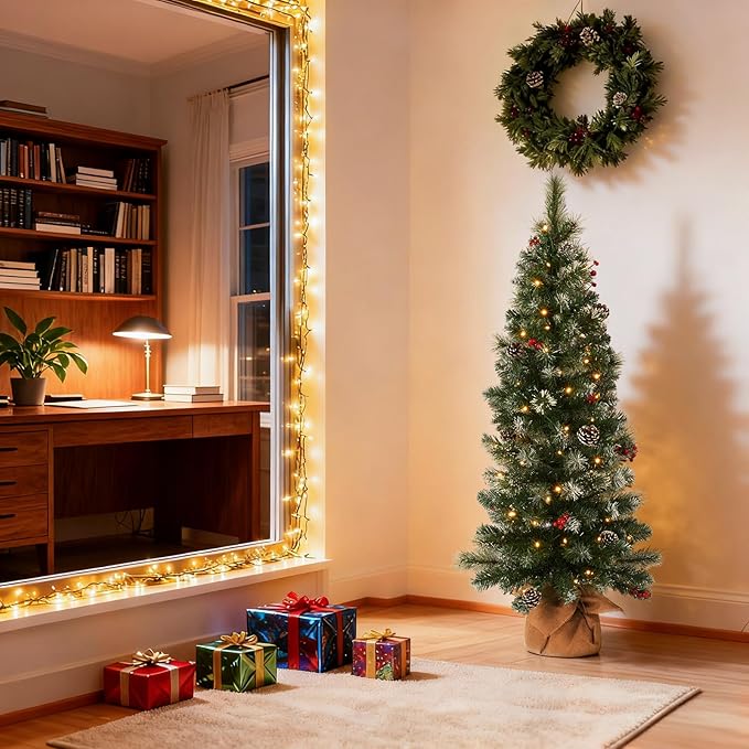 4ft Prelit Christmas Tree, Small Artificial Christmas Tree w/ 70 Warm White Lights, 122 Branch Tips, Easy Assembly, Xmas Decoration for Home, Office, Porch, Entryway, Holiday Party
