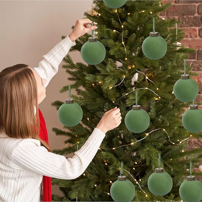 12 Pcs Velvet Christmas Balls Bulk Shatterproof Plastic Christmas Tree Decorations for Decorative Hanging Baubles (12, Green, 2.36Inch)
