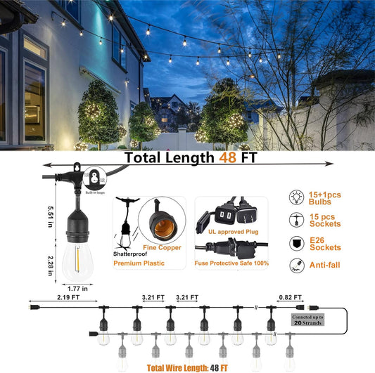 Achin Outdoor String Lights 48FT Dimmable Warm 2200K LED Patio Lights Outdoor Waterproof with 16 Plastic Bulbs Shatterproof String Lights for Outside Deck Gazebo Bistro Lights