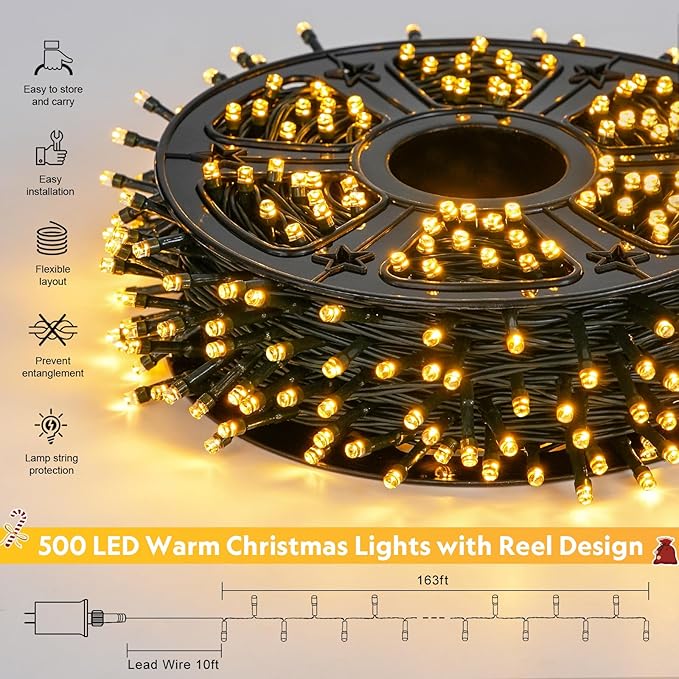 JMEXSUSS 500 LED Christmas Lights Outdoor, 173ft Warm White Christmas Tree Lights, 8 Modes Plug in Twinkle String Light for Outside Holiday Indoor Ceiling House Xmas Decorations