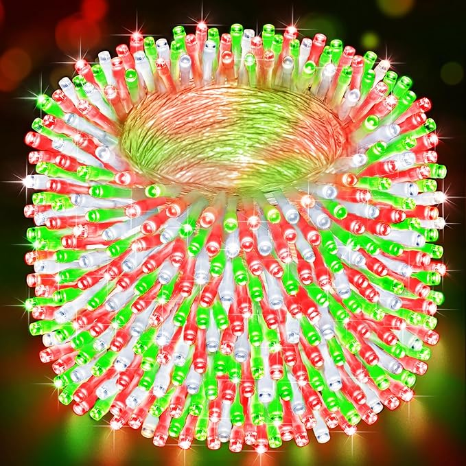 Heceltt Christmas Lights Outdoor, 522FT 1300 LED String Lights with 8 Lighting Modes &TimerTwinkle Fairy Lights Waterproof Plug in for Xmas Tree Wedding Party Holiday Decor(Red Green and White)