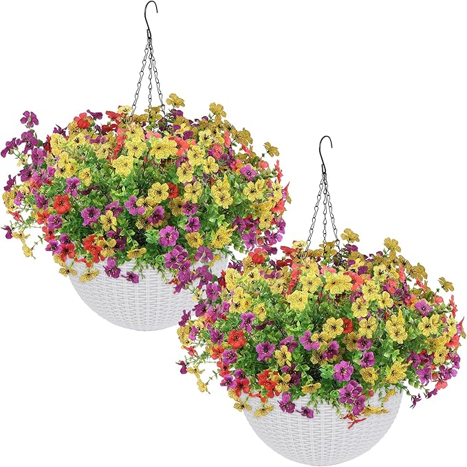 2 Sets of Artificial Hanging Plants Flowers Basket for Outdoor, 2 Sets Dry and Wet Separation Hanging Baskets, Suitable for Spring Summer Porches, Terraces, Courtyard Home Decoration