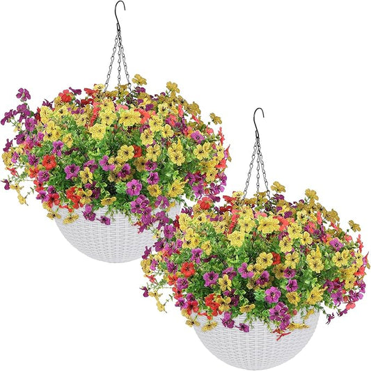 2 Sets of Artificial Hanging Plants Flowers Basket for Outdoor, 2 Sets Dry and Wet Separation Hanging Baskets, Suitable for Spring Summer Porches, Terraces, Courtyard Home Decoration