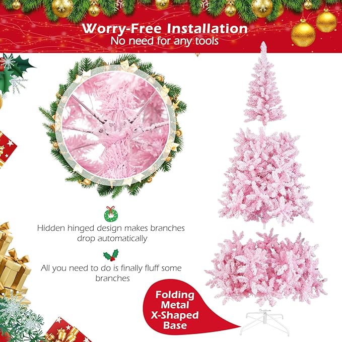 HAPPYGRILL 7.5FT Pre-Lit Pink Christmas Tree Snow Flocked Christmas Tree with 1100 Branch Tips, 450 Warm Lights, 8 Lighting Modes, Artificial Xmas Tree for Holiday Decor