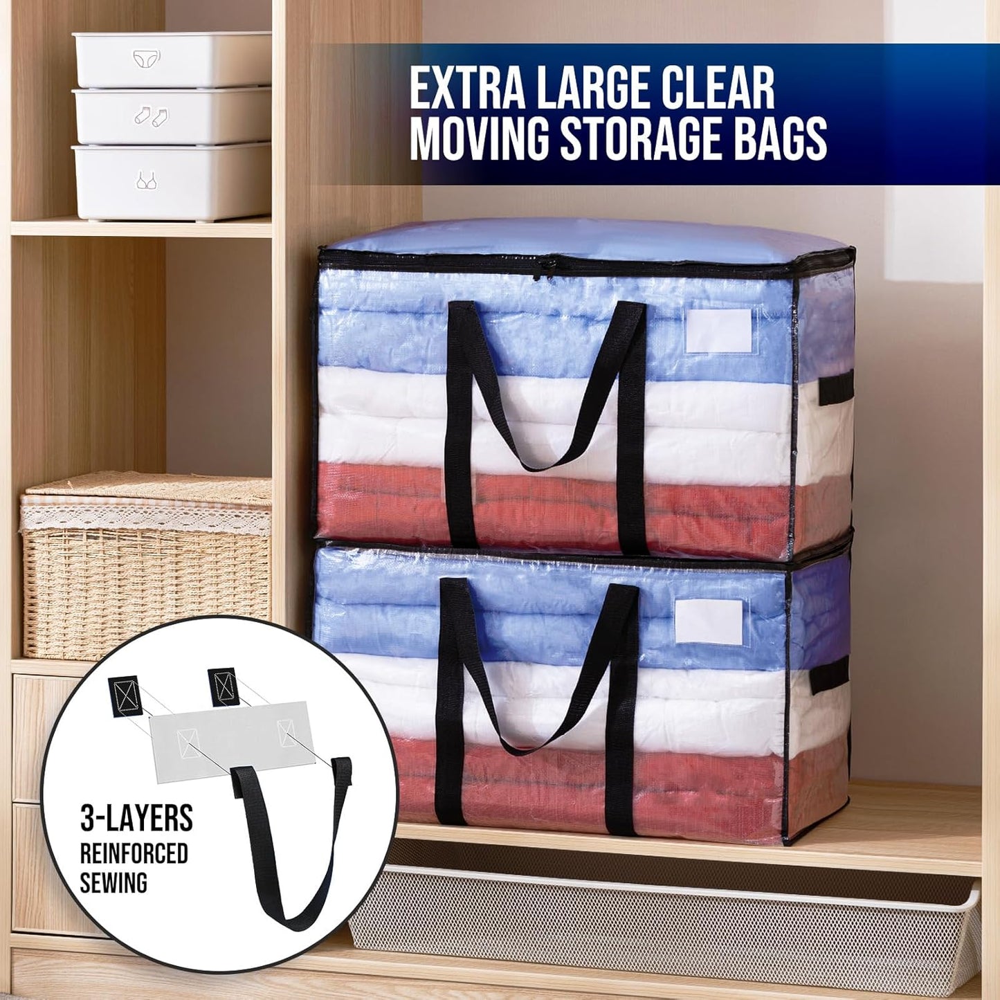 TAILI Extra Large Moving Bags, 6 Pack Clear Heavy Duty Totes For Storage with Visible Window, Wrap Around Handles, Storage Bags for Space Saving, Alternative to Moving Boxes