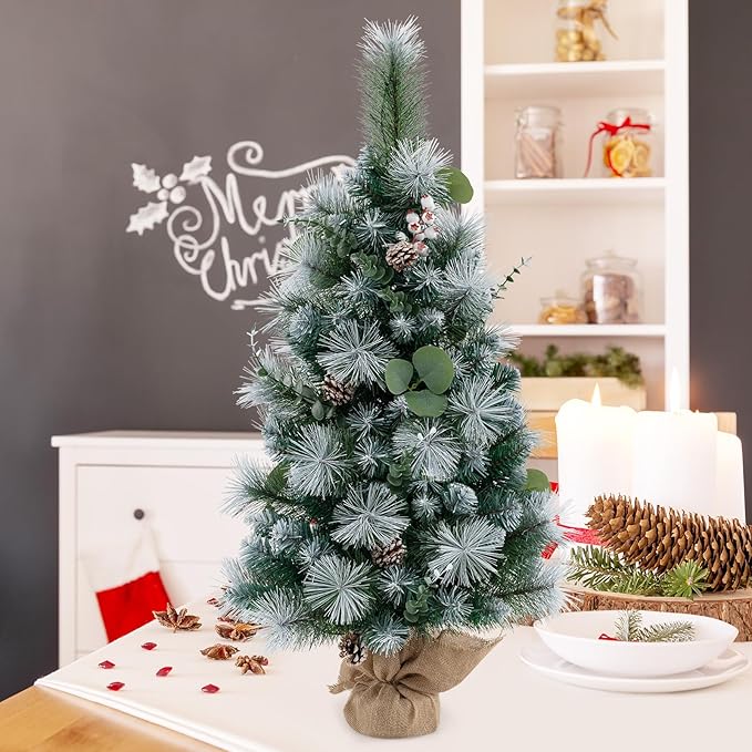 HAPPYGRILL 3 FT Tabletop Artificial Christmas Tree Set of 2, Fake Tree with Pine Needles, Eucalyptus Leaves, Pine Cones, White Berries, Green Xmas Tree with 30 Warm White LED Lights