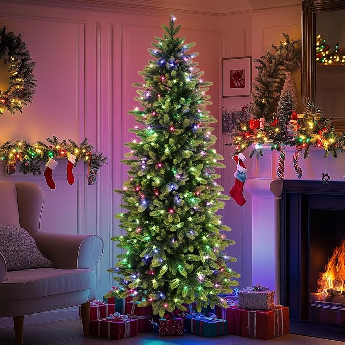 Alupssuc 7ft Prelit Artificial Hinged Pencil Christmas Tree with 330 Multi-Color Changing RGB Lights and 1809 PE & PVC Branch Tips, Remote Control 7 Feet Pre-Lit Slim Tree for Xmas Decoration, Green