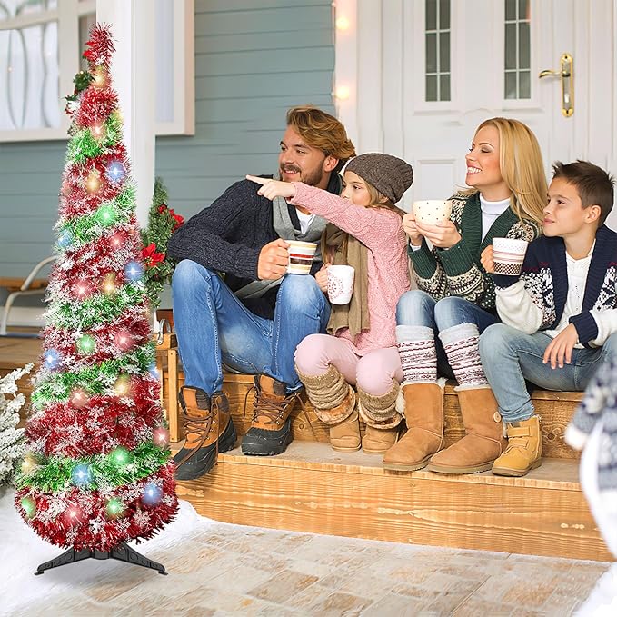 5FT Christmas Trees with 90 Lights, Collapsible Artificial Sequin Pop Up Christmas Tree, Tinsel Slim Pencil Christmas Tree for Home Holiday Fireplace Party Indoor Outdoor Xmas Decorations