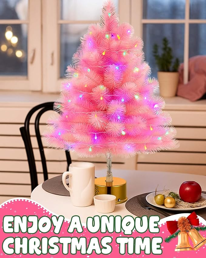 2FT Pink Rotating Christmas Tree with Music and LED Lights, 360° Spinning Tabletop Mini Xmas Tree with Base Christmas Decor for Small Space Home Office Desk Holiday Gift