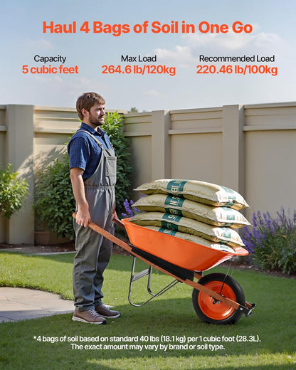 VEVOR Wheelbarrow Cart, 5 Cu. Ft. Load & 265 lbs Capacity, One Wheel Garden Dump Cart, Garden Wagon with Metal Handle & 16" Wide Track Wheels, Easy Loading Utility Yard Cart & Wagons for Lawn Farm