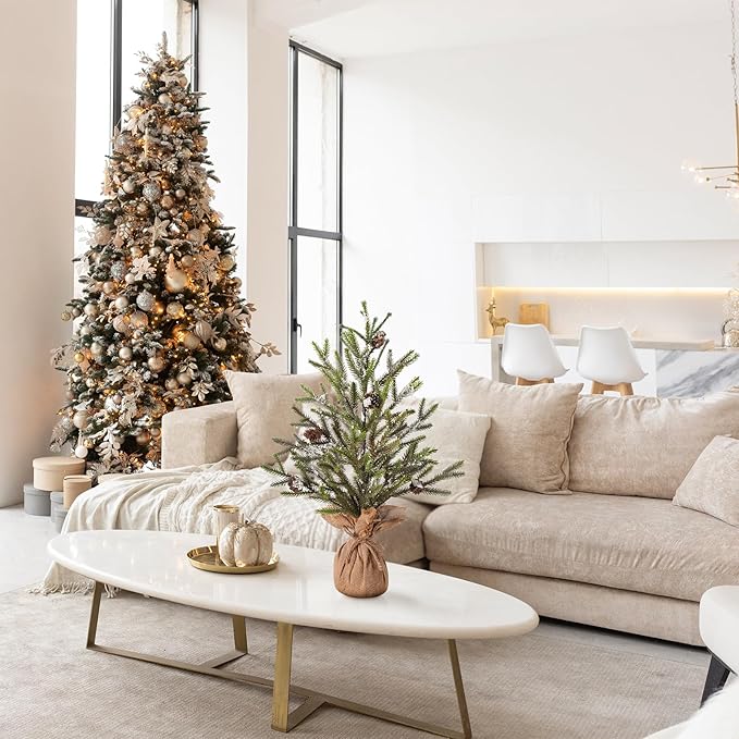 22Inch Artificial Christmas Tree – Mini Tabletop Xmas Tree, Realistic Pine Needles, Pinecones & Burlap Base – Small Festive Decoration for Home, Office or Entryway