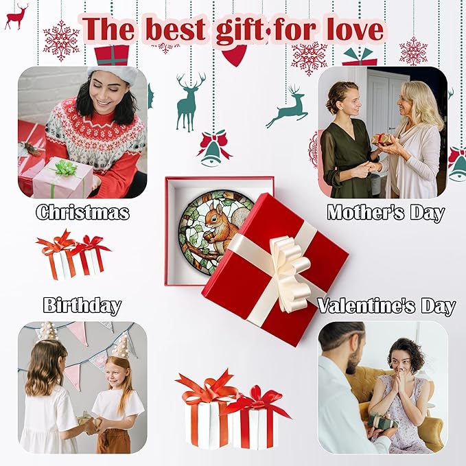 Stained Glass Window Hanging, Squirrel on a Branch Suncatcher Diamond Glass Panel Animal Sun Catchers Decor for Birthday for Women, Men, Wife, Aunt, and Mom 9.8 in